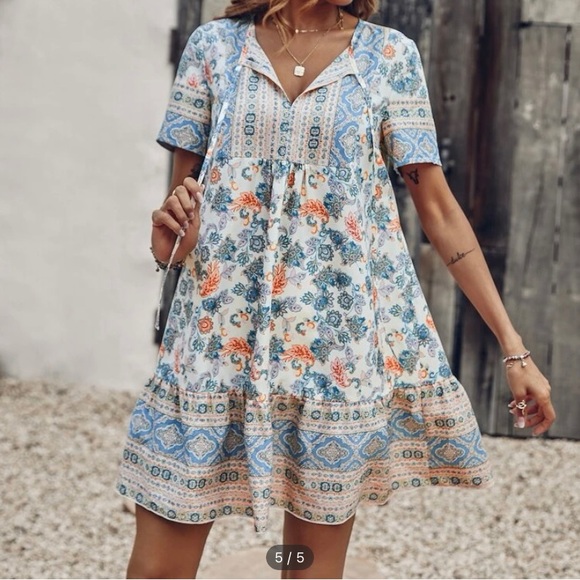 SHEIN Dresses & Skirts - SHEIN size L NWOT Floral Print Tie Neck Ruffle Hem Dress